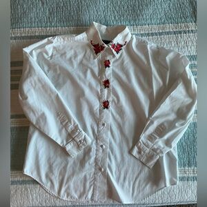 Karen Scott White Blouse with Red Floral Accents